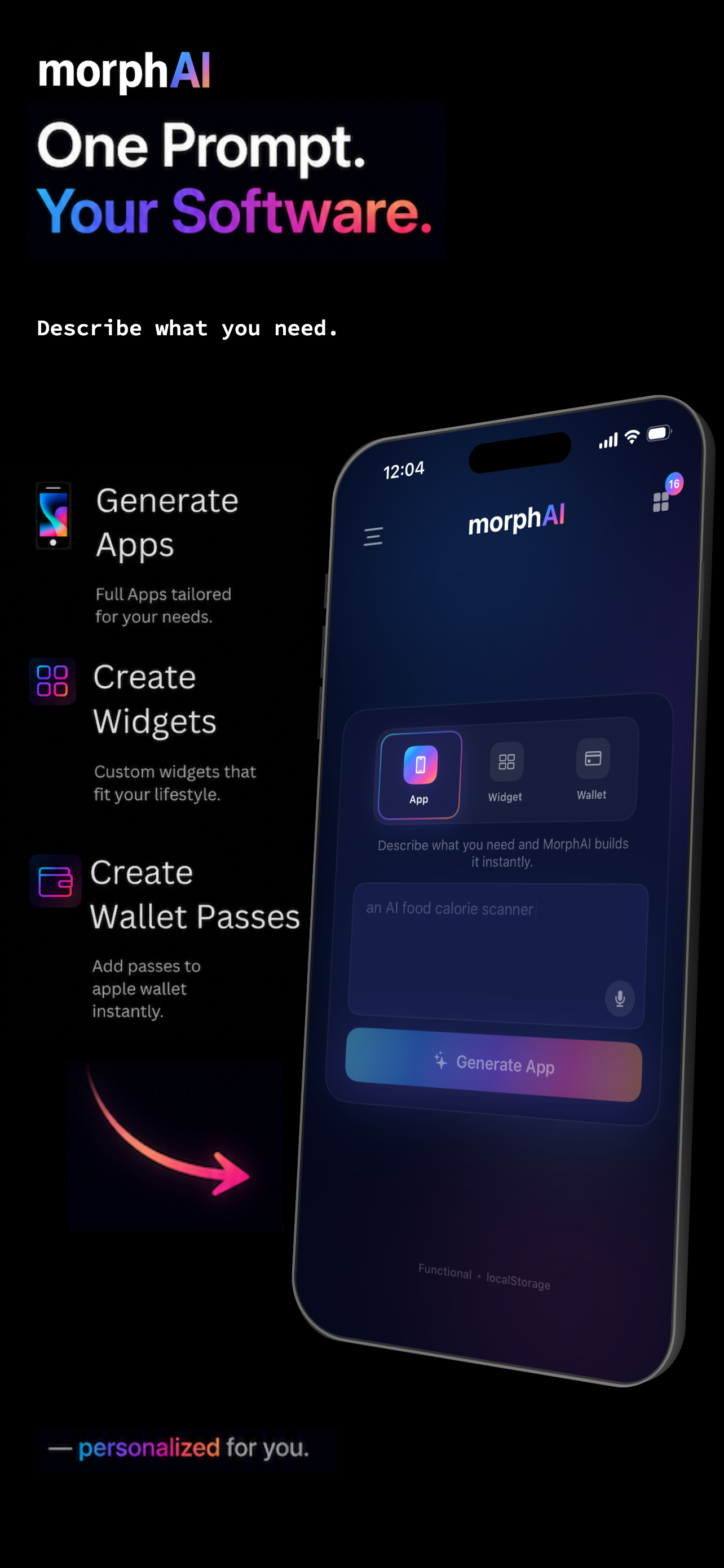 MorphAI app showing app generation interface